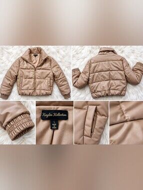 Kaylee Kollection Faux Leather Taupe Cropped Puffer Jacket Size L